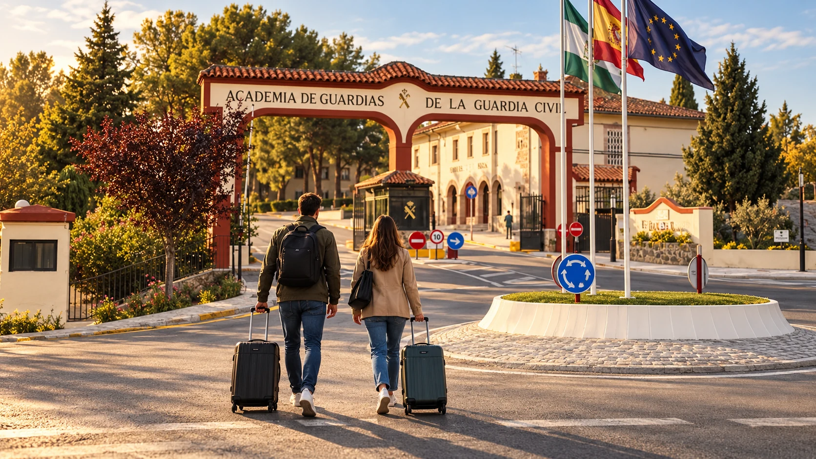 Recreación editorial de dos aspirantes con equipaje llegando a la entrada de la Academia de Guardias de Baeza