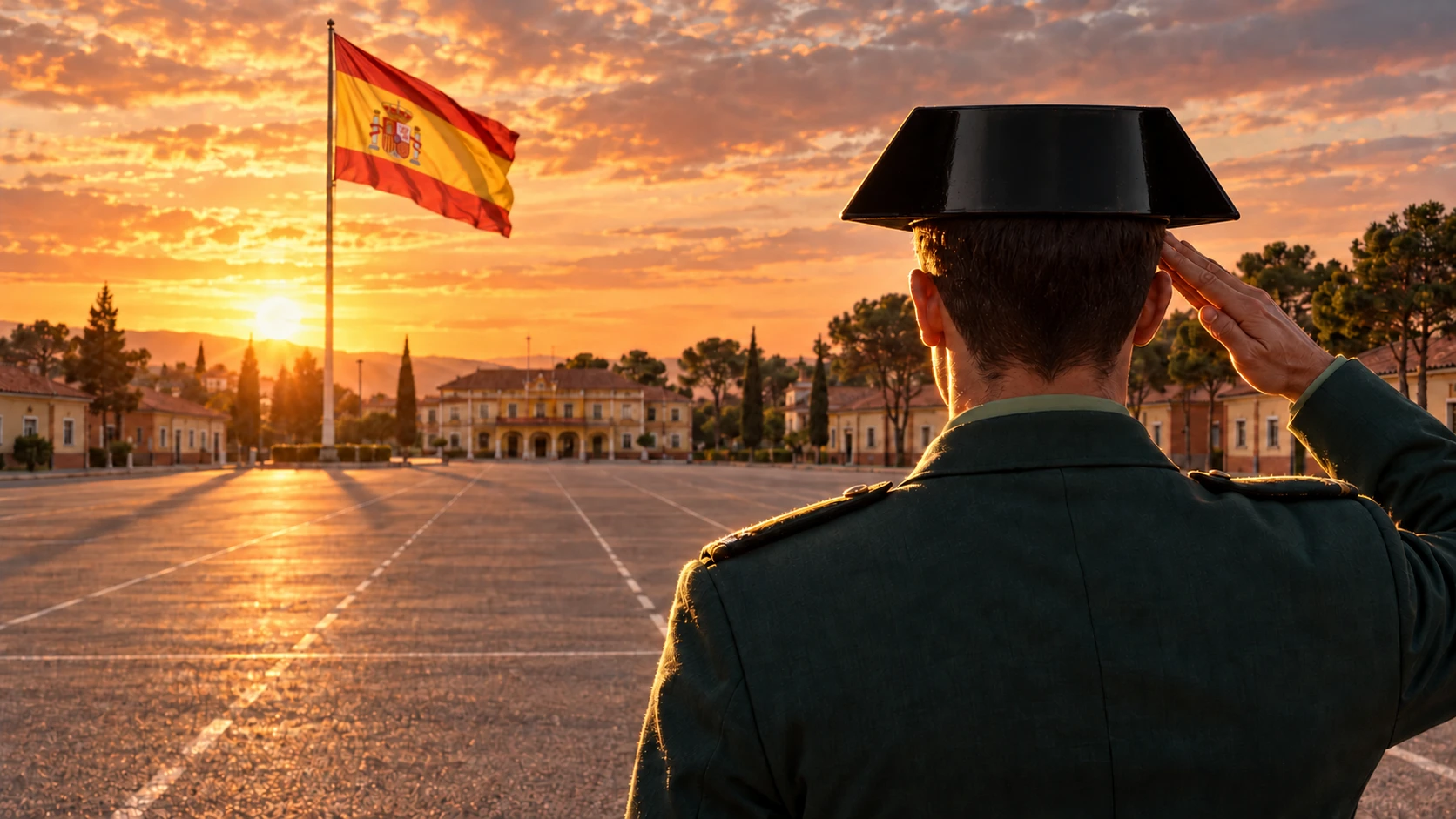 Recreación de un guardia civil saludando a la bandera en Baeza al atardecer