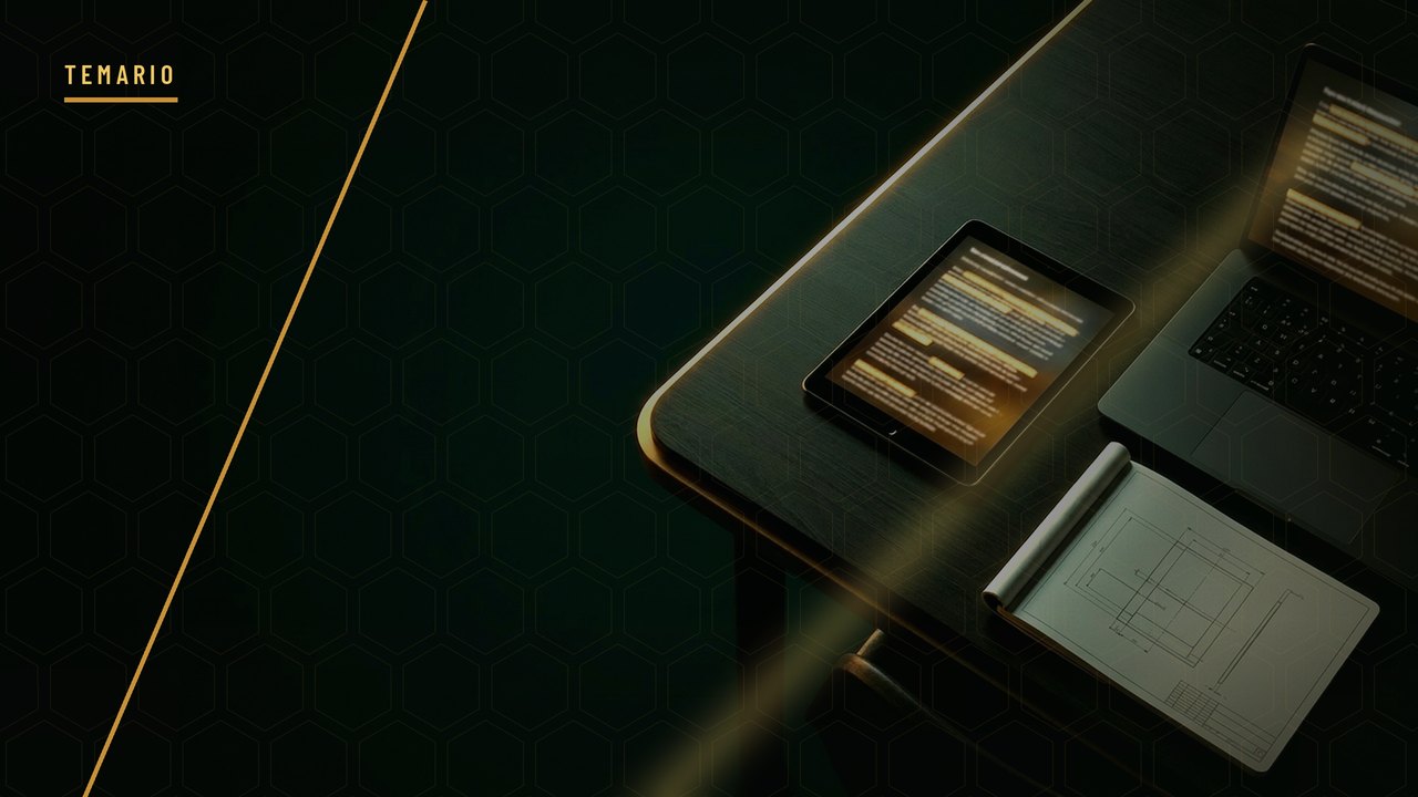 Cartela de temario de VM Oposiciones: un escritorio con una tableta, un portátil y un cuaderno, sobre fondo verde oscuro.