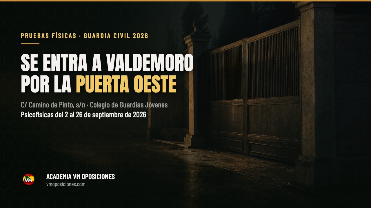 Puerta de acceso al Colegio de Guardias Jóvenes de Valdemoro al amanecer, entrada por la Puerta Oeste para las pruebas psicofísicas de la Guardia Civil 2026